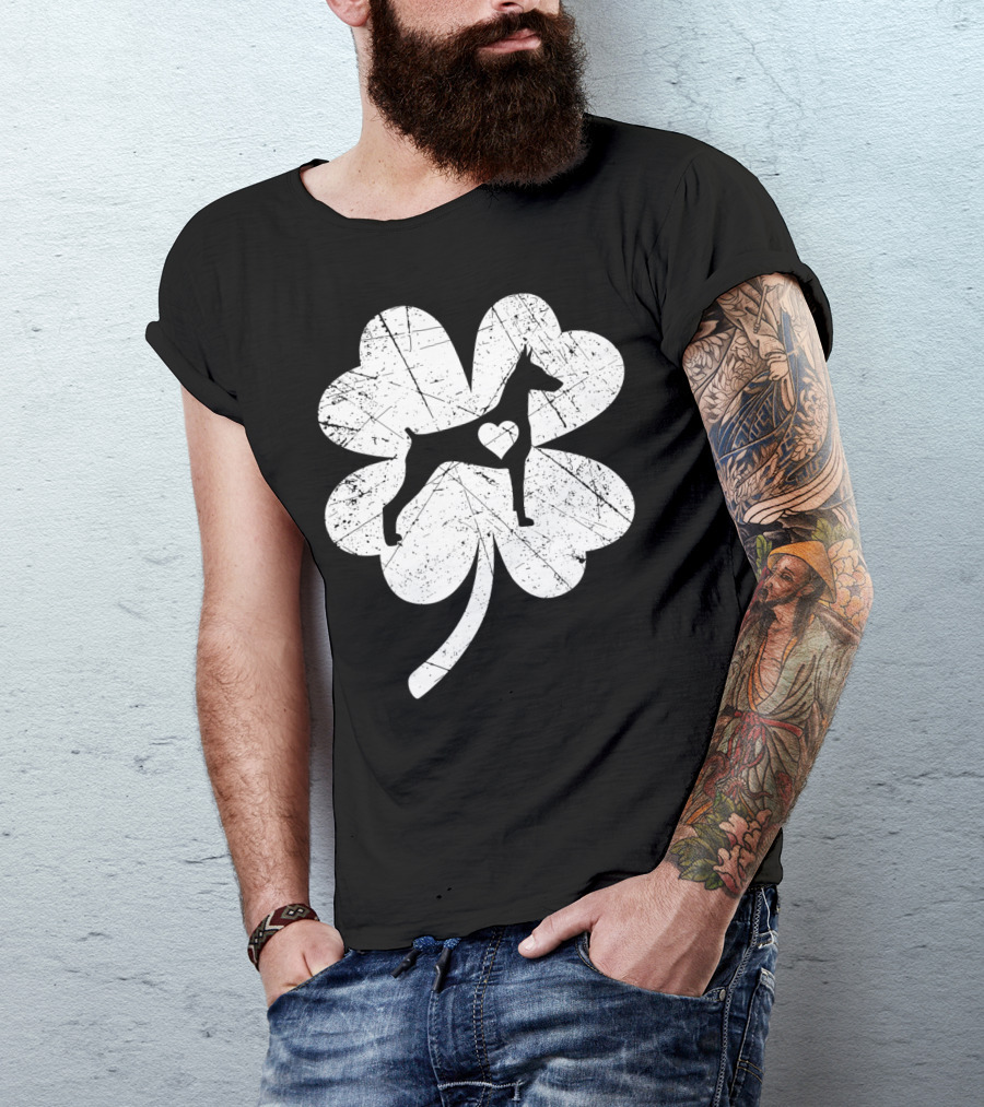 Doberman Silhouette Heart Shamrock Clover St Patricks Day Irish T-Shirt