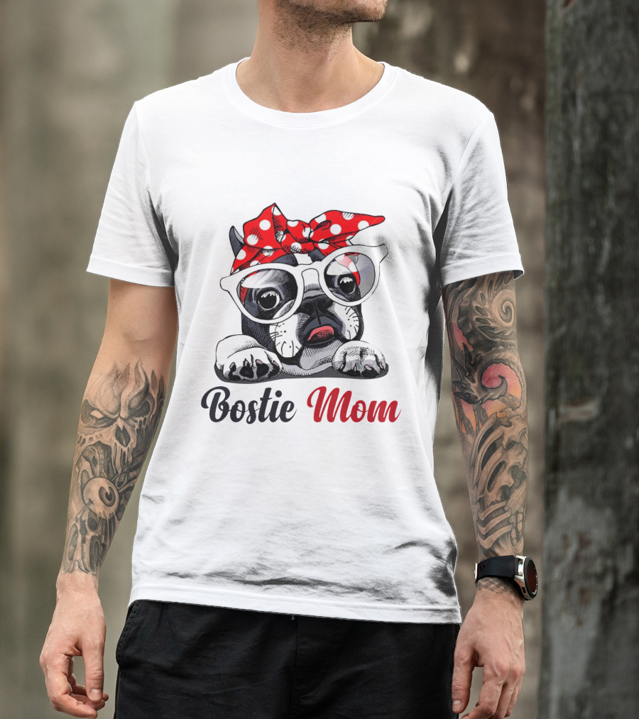 Bostie Mom Glasses And Red Polka Dot Headband Dog T-Shirt