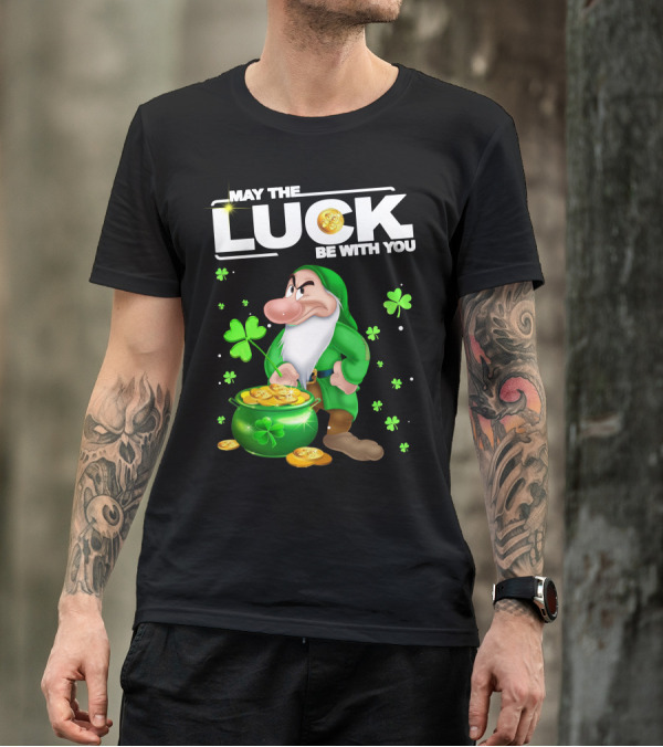 MAY THE LUCK BE WITH YOU Grumpy Gnome With Coins And Clovers T-Shirt