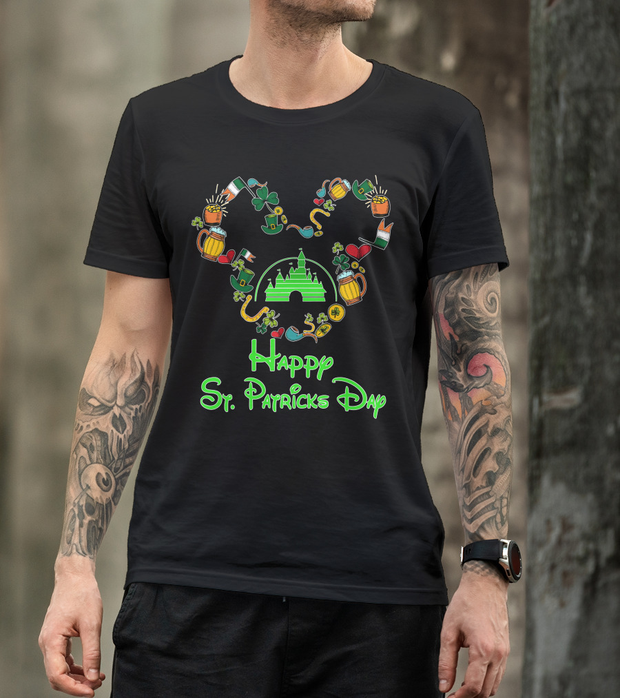 Happy St. Patrick's Day Disney Castle With Shamrock And Beer Icons T-Shirt