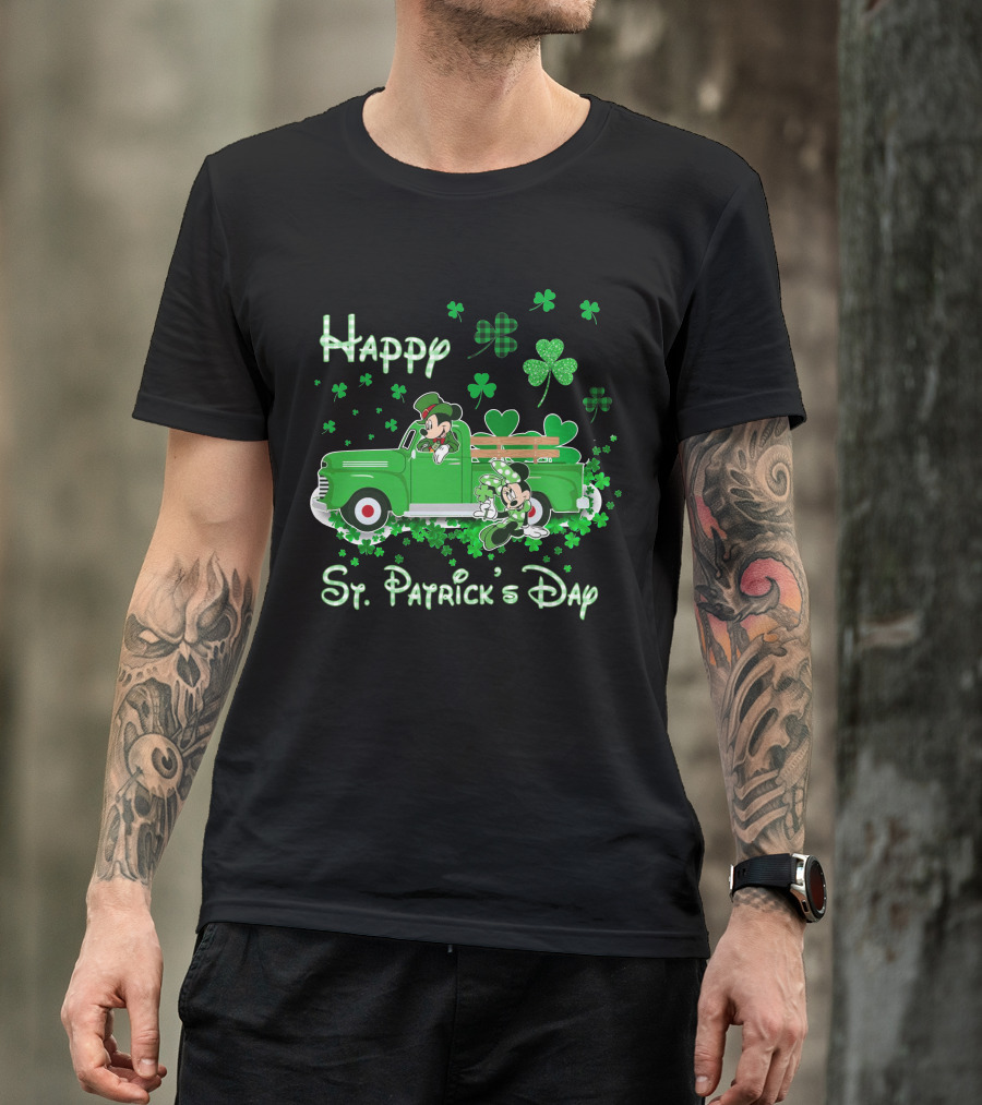 Happy St. Patrick's Day Mickey Mouse Green Truck Shamrocks T-Shirt