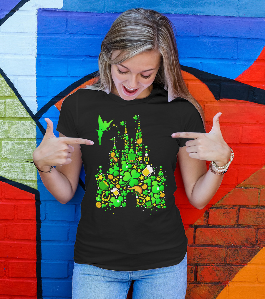 Disney Castle St. Patrick's Day Tinkerbell Leprechaun Hat Clover Coins Beer T-Shirt