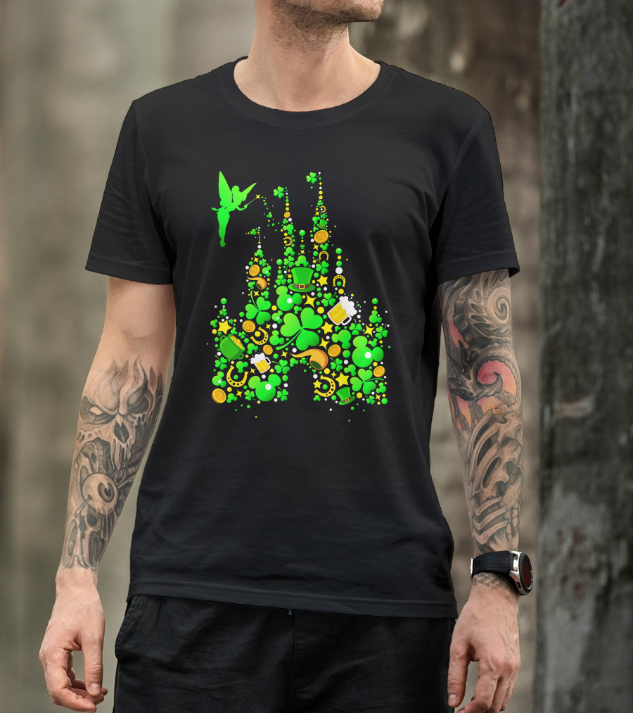 Disney Castle St. Patrick's Day Tinkerbell Leprechaun Hat Clover Coins Beer T-Shirt
