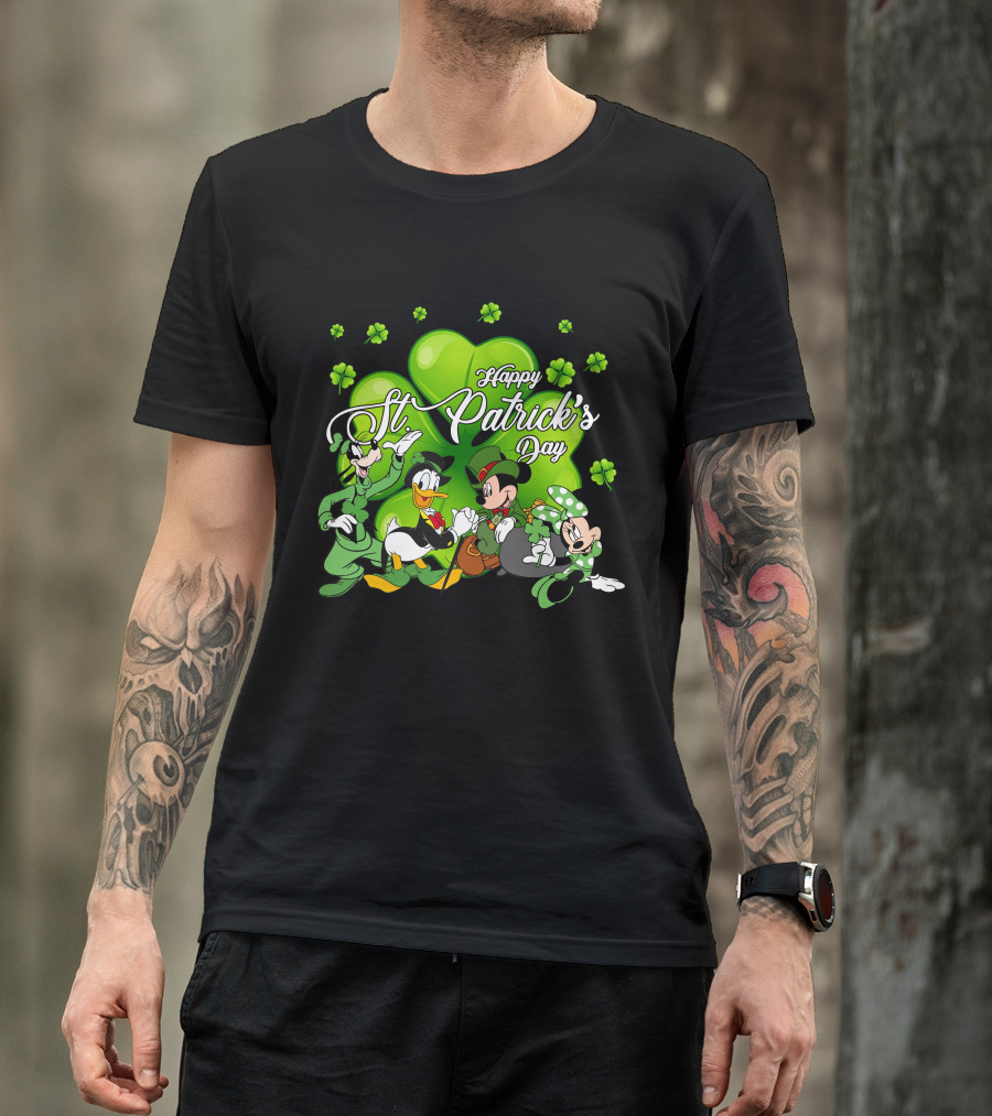 Happy St. Patrick's Day Mickey Mouse Donald Duck Goofy Minnie Mouse With Shamrocks T-Shirt
