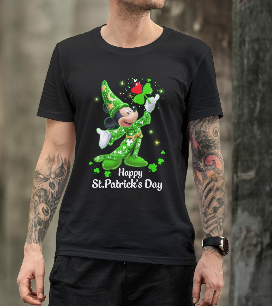 Happy St. Patrick's Day Mickey In Green Wizard Cloak With Clover Magic T-Shirt