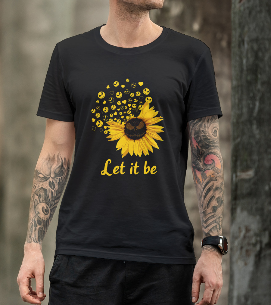 Jack Skellington Face Sunflower Let It Be Hearts Yellow Smiles T-Shirt