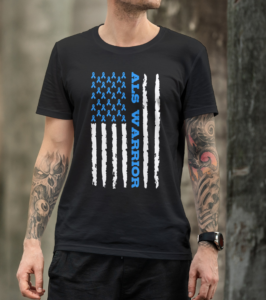 ALS Warrior Blue Ribbon Awareness American Flag USA T-Shirt
