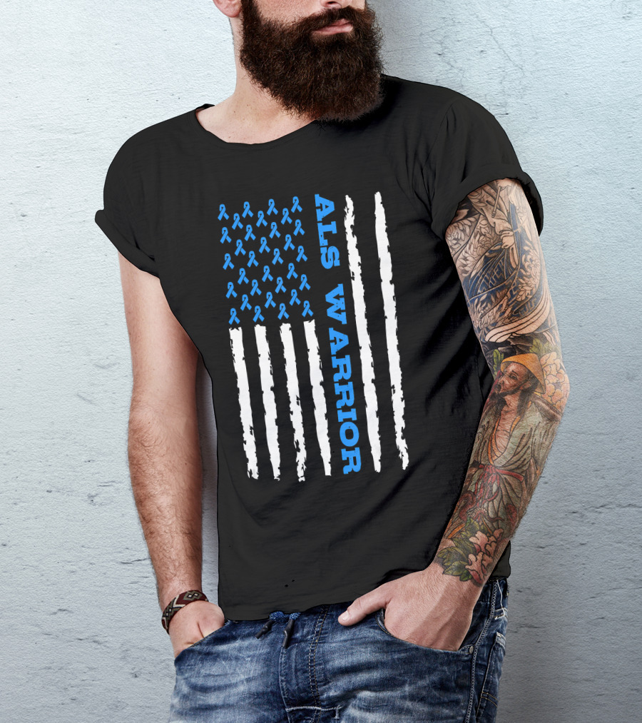 ALS Warrior Blue Ribbon Awareness American Flag USA T-Shirt