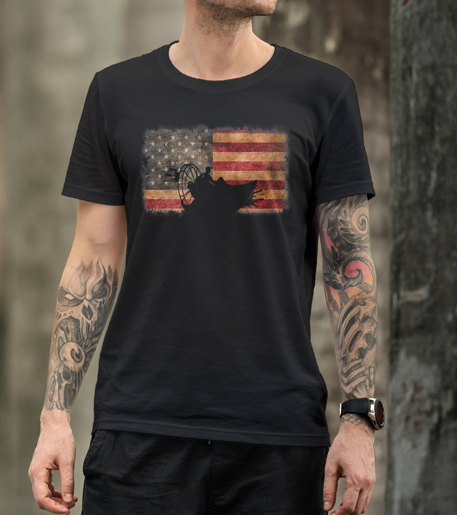 American Flag Airboat Racing Silhouette Over Rustic America T-Shirt