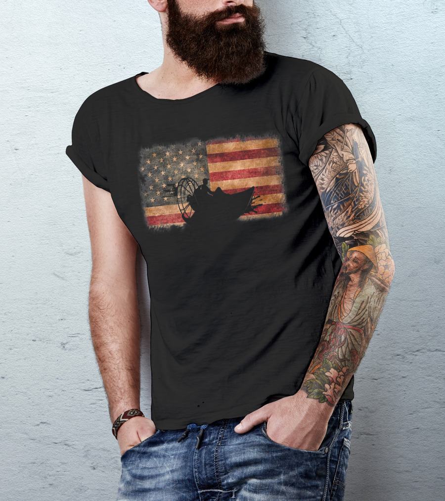 American Flag Airboat Racing Silhouette Over Rustic America T-Shirt