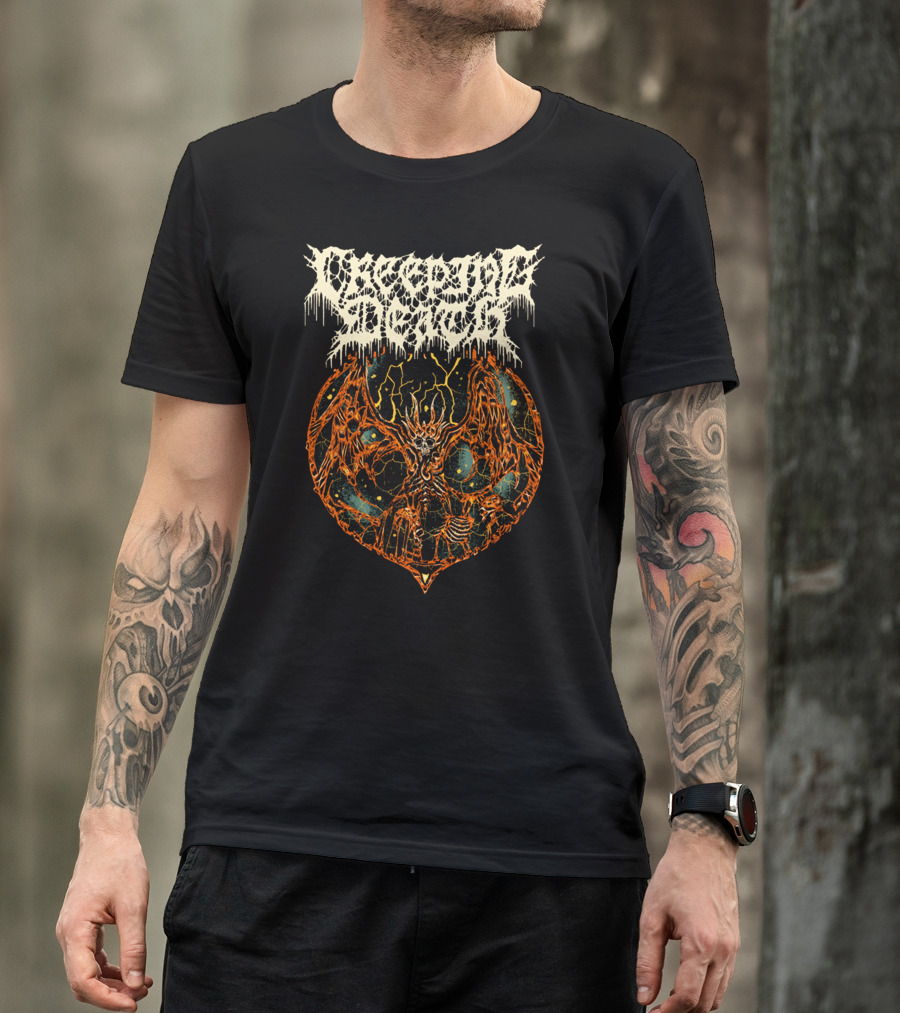 Creeping Death Skeleton Demon With Orange Lightning And Cosmic Background T-Shirt