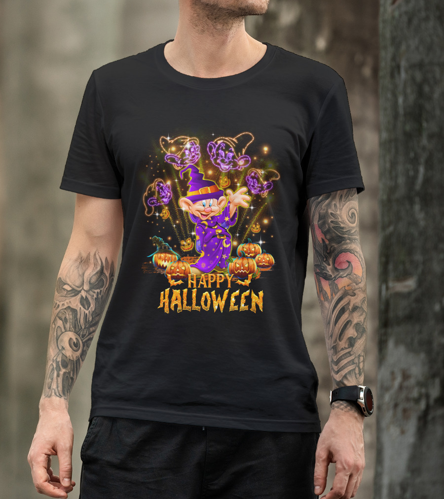 Happy Halloween Dopey In Wizard Hat With Fireworks And Pumpkins T-Shirt