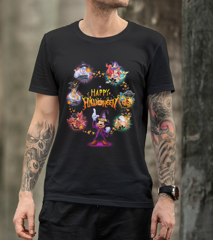 Happy Halloween Mickey Ariel Ursula Sebastian Pirate Captain Hook Disney Characters T-Shirt