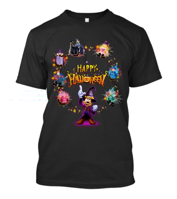 Happy Halloween Maleficent And Mickey Mouse In Wizard Outfit Magic Scene T-Shirt