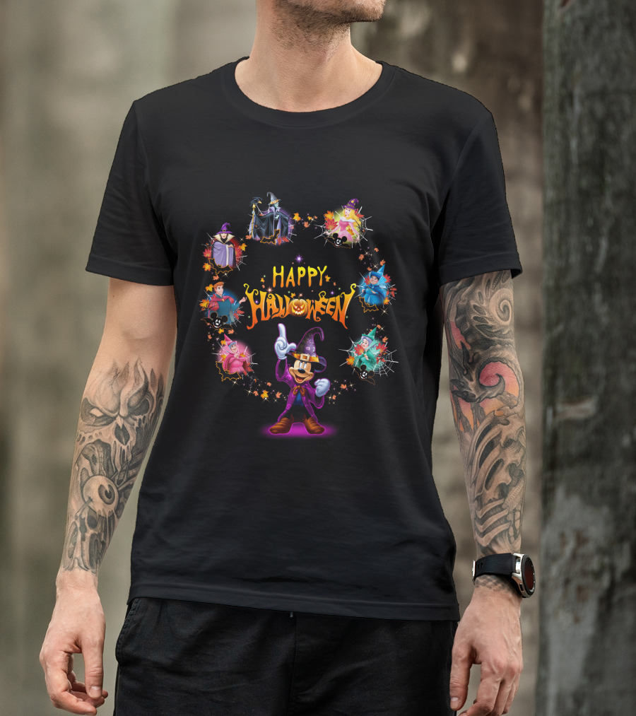 Happy Halloween Maleficent And Mickey Mouse In Wizard Outfit Magic Scene T-Shirt