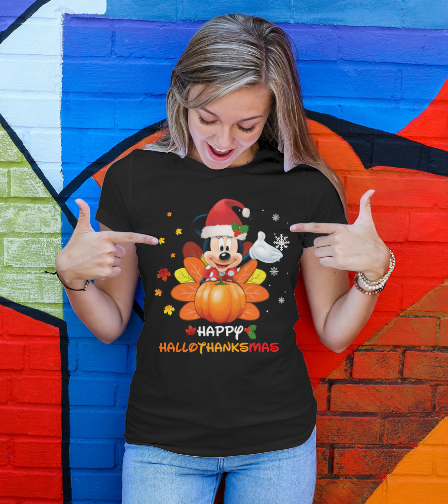 Happy Hallothankmas Minnie With Pumpkin And Santa Hat T-Shirt