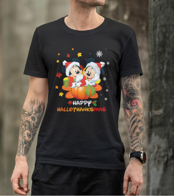 Happy Mickey And Minnie Hallothankmas Snowflakes Pumpkins Leaves T-Shirt