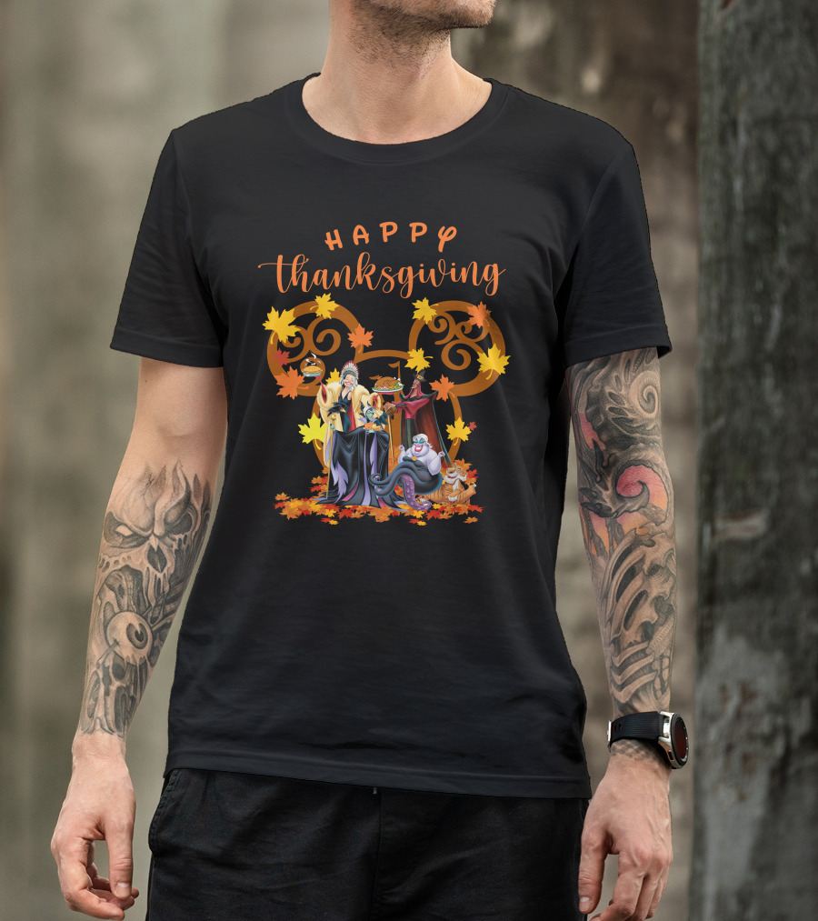 Happy Thanksgiving Disney Villains With Mickey Mouse Leaf Background T-Shirt