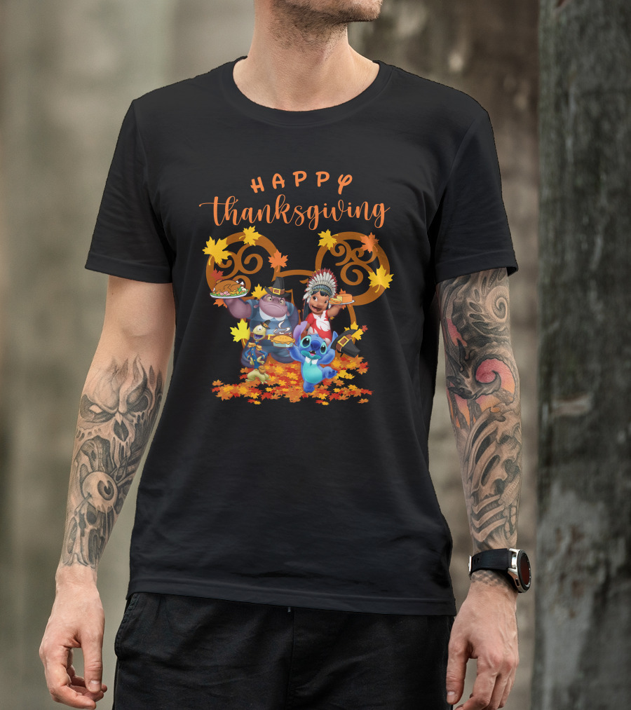 Lilo And Stitch Happy Thanksgiving With Characters And Autumn Leaves T-Shirt
