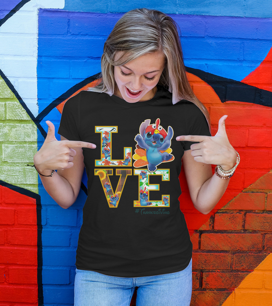 LOVE Stitch Happy Thanksgiving Turkey Costume Autumn Leaves T-Shirt