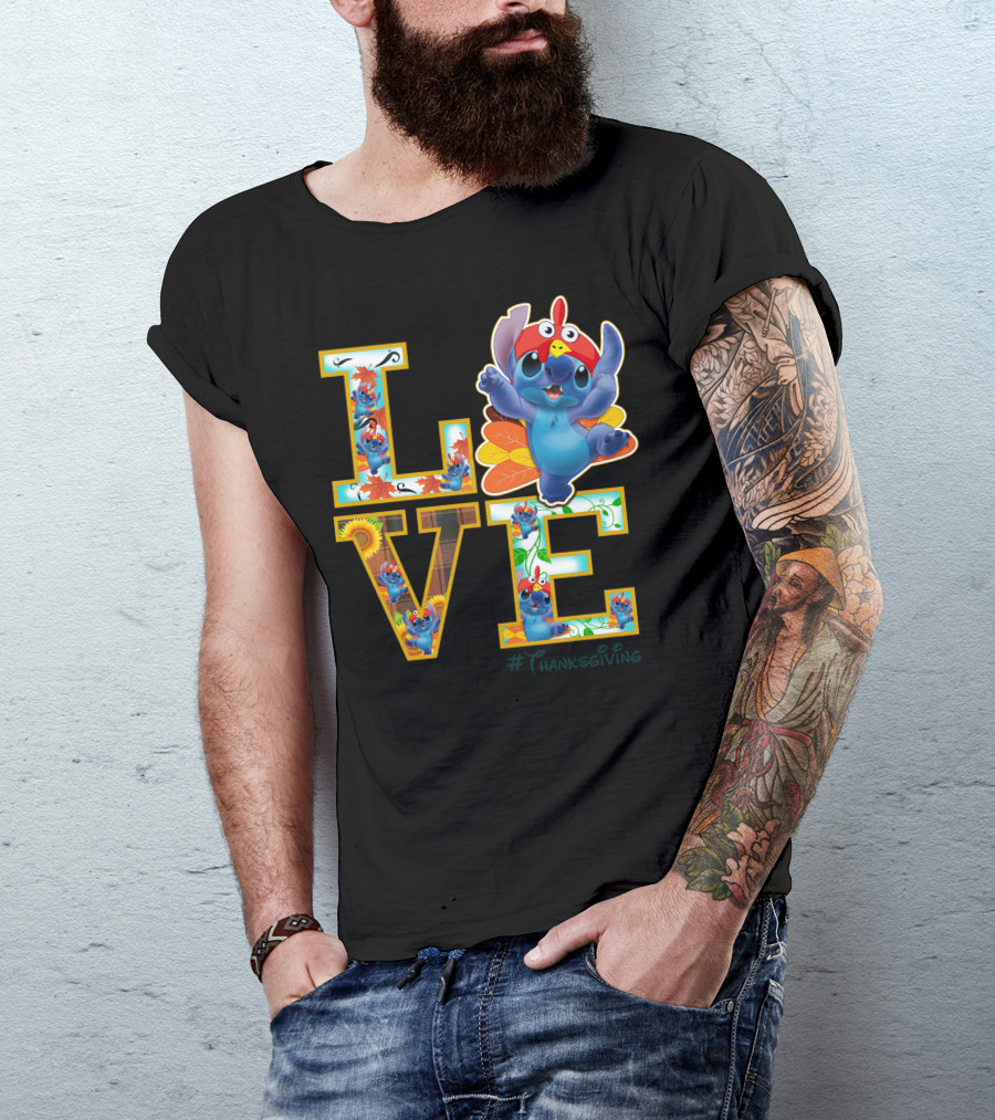LOVE Stitch Happy Thanksgiving Turkey Costume Autumn Leaves T-Shirt
