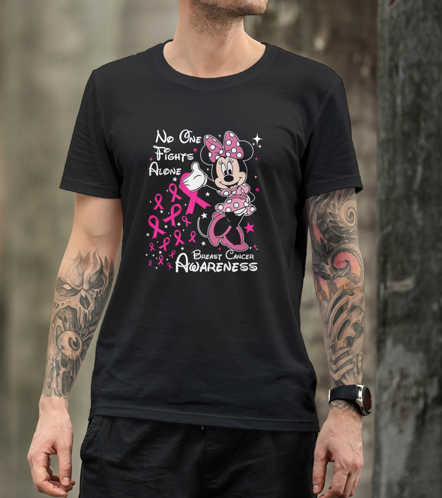 No One Fights Alone Breast Cancer Awareness Minnie Mouse Pink T-Shirt