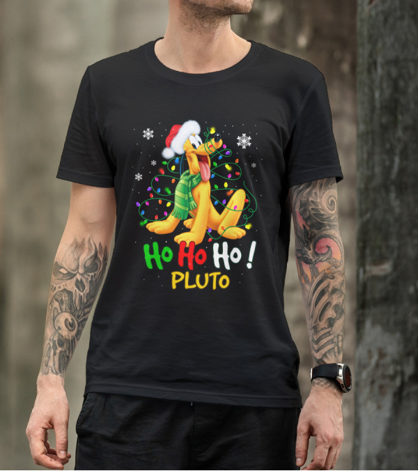 Pluto Ho Ho Ho Christmas Lights Santa Hat T-Shirt