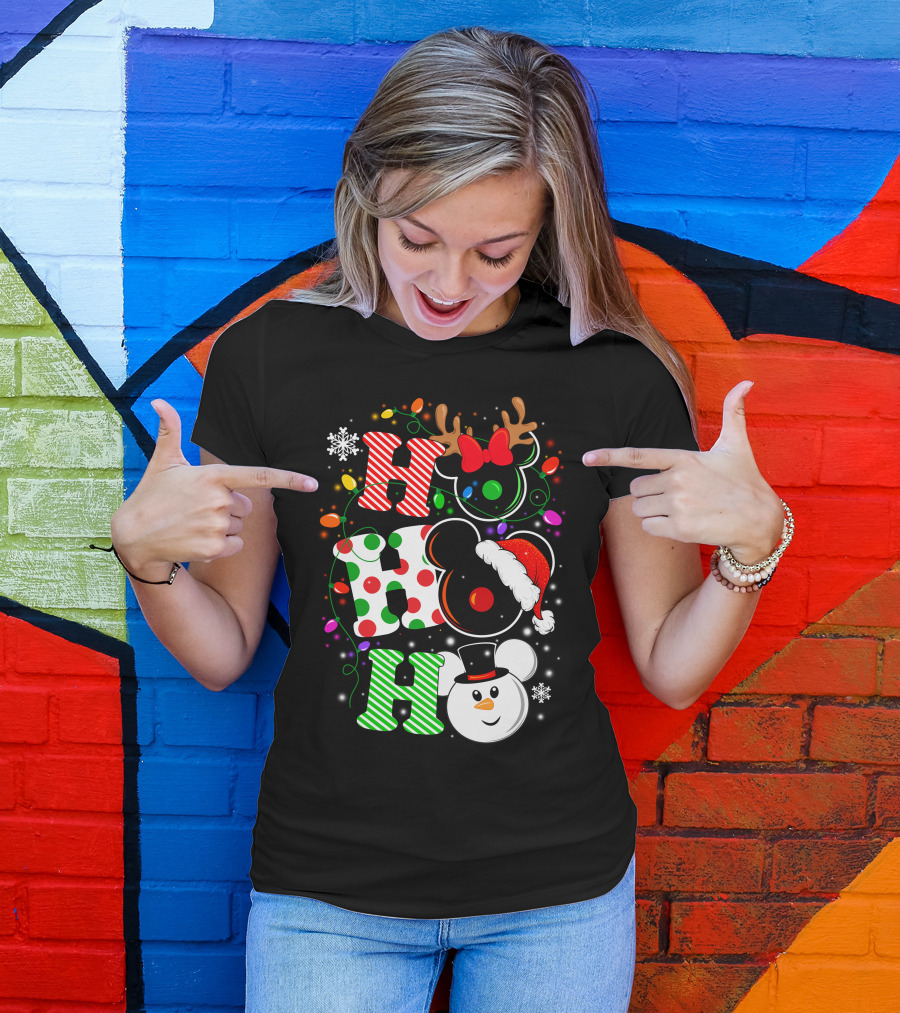 Disney Hohoho Christmas Mickey Mouse Holiday Lights Santa Hat Snowman Antlers T-Shirt