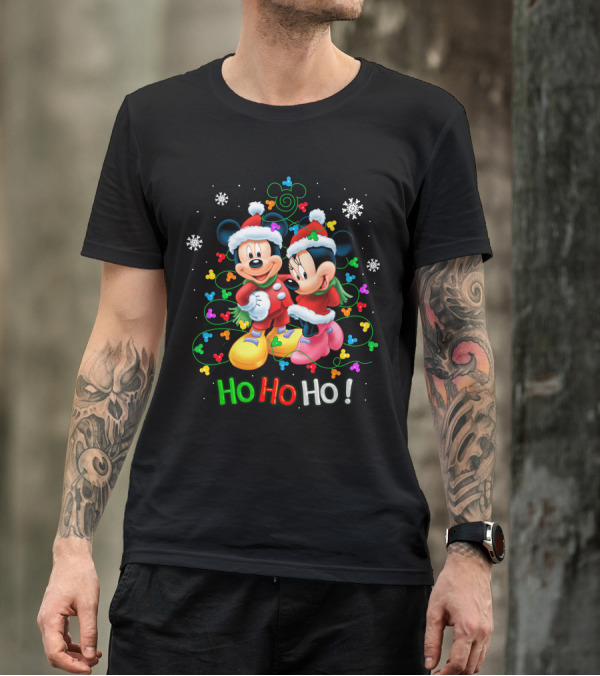 Mickey And Minnie Hohoho Christmas Santa Hats Snowflakes Holiday Tree Lights T-Shirt