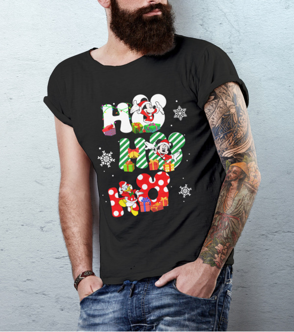 Mickey Mouse And Donald Duck Ho Ho Ho Christmas Snowflakes And Presents T-Shirt