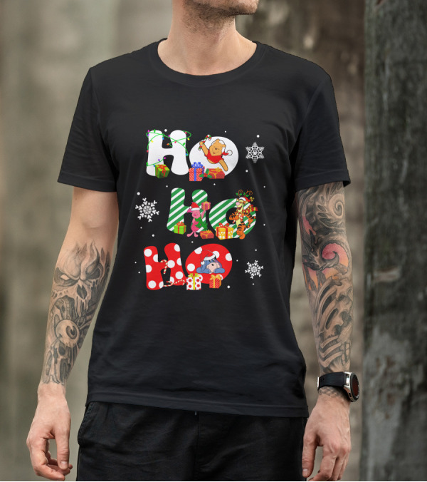 Ho Ho Ho Christmas Winnie The Pooh With Piglet Tigger Eeyore Holiday Snowflakes And Gifts T-Shirt