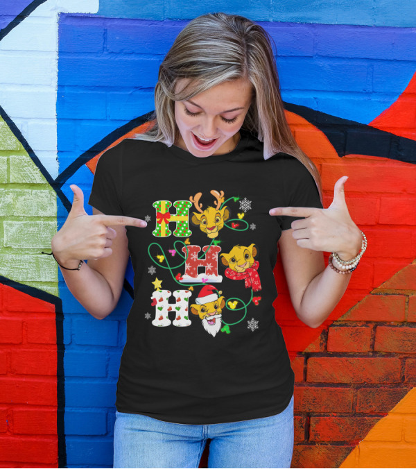 Simba Hohoho Christmas Holiday Festive Lion King Image With Santa Hat Reindeer Antlers Scarf Snowflakes T-Shirt
