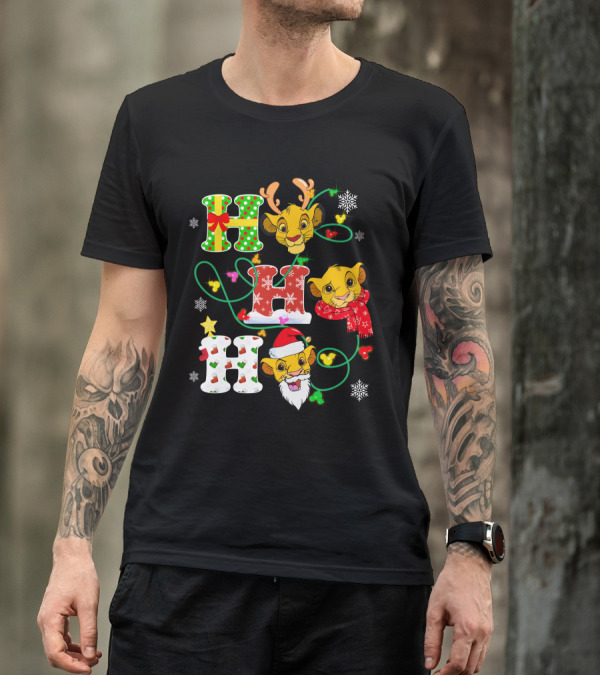 Simba Hohoho Christmas Holiday Festive Lion King Image With Santa Hat Reindeer Antlers Scarf Snowflakes T-Shirt