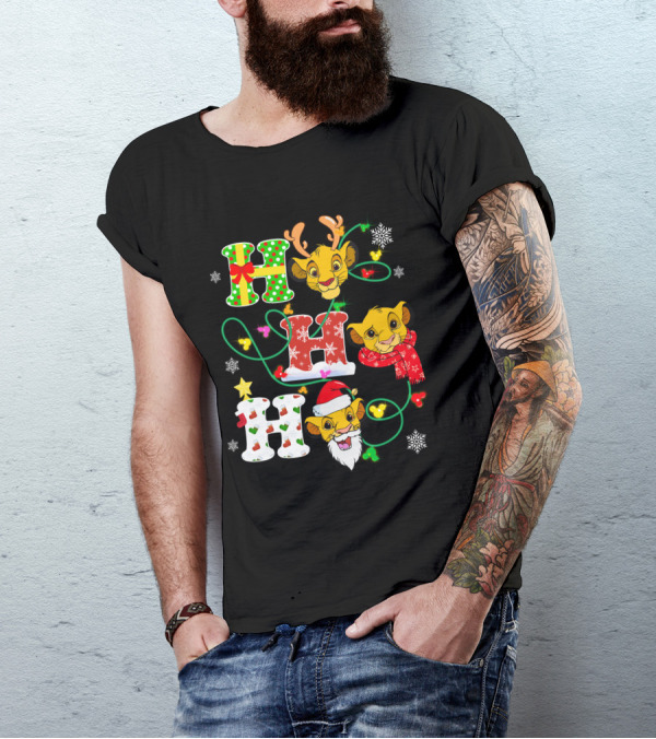 Simba Hohoho Christmas Holiday Festive Lion King Image With Santa Hat Reindeer Antlers Scarf Snowflakes T-Shirt
