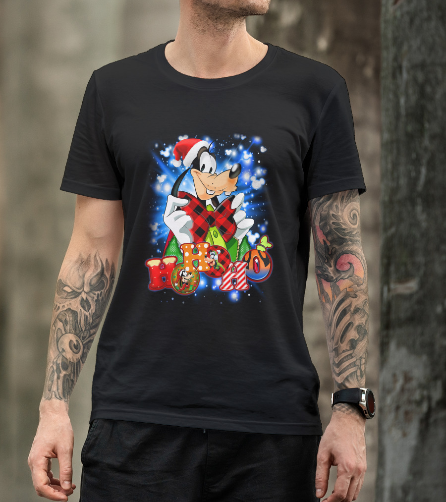 Goofy Hohoho Christmas Santa Hat Festive Bow Holiday Lights T-Shirt