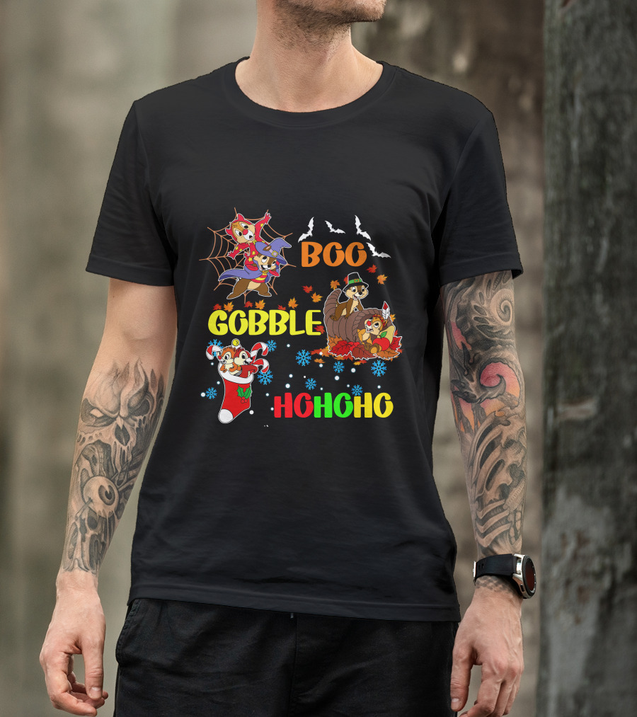 Chip And Dale Boo Gobble HoHoHo Halloween Thanksgiving Christmas T-Shirt