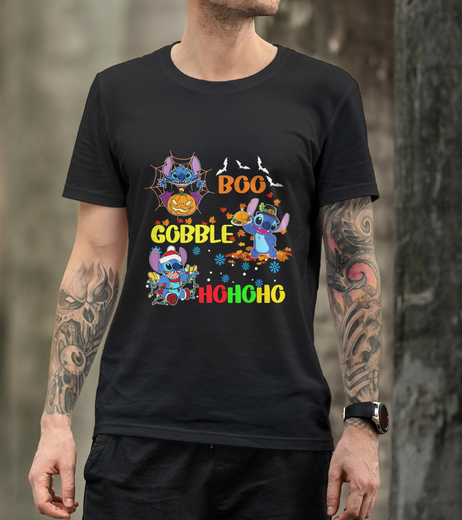 Stitch Boo Gobble Ho Ho Ho HalloThanksMas T-Shirt