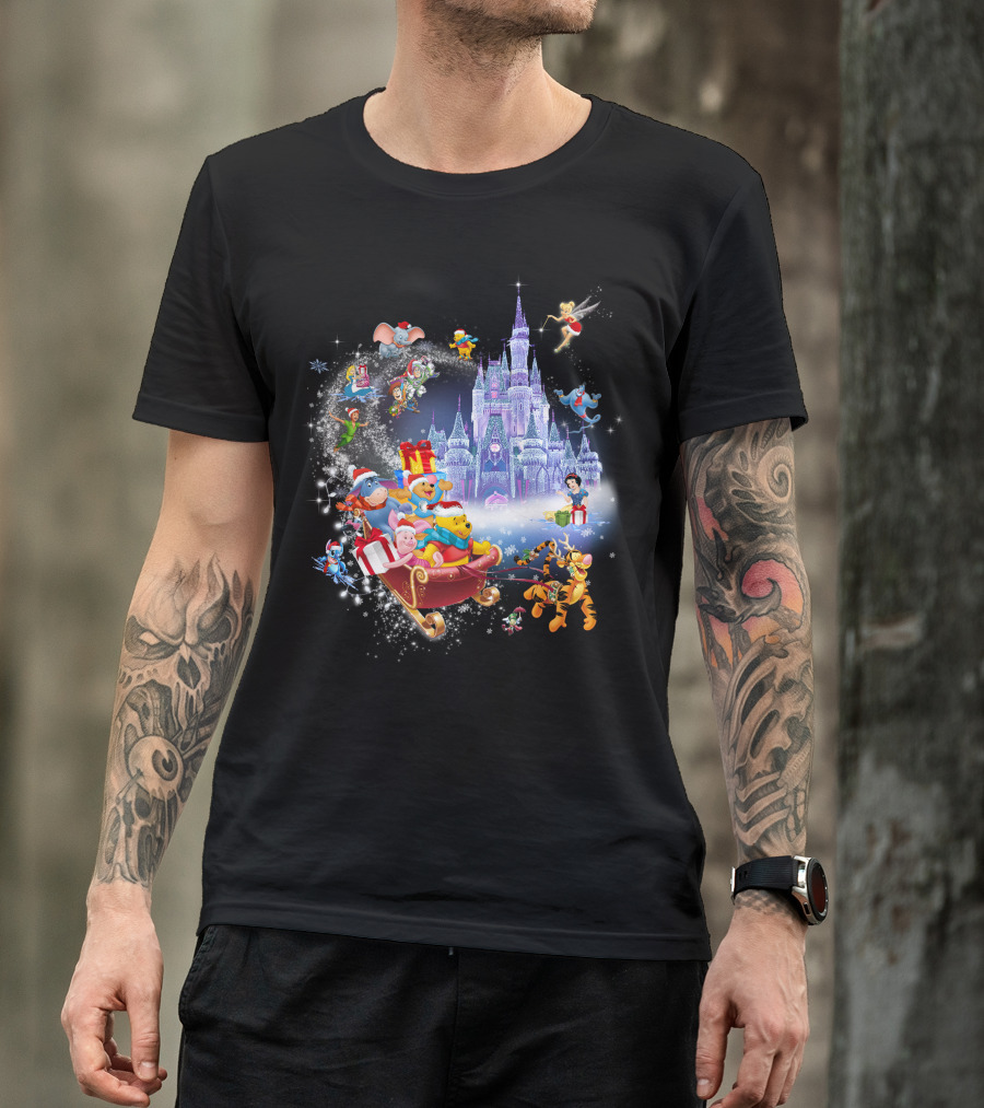Pooh Christmas Disney Winter Wonderland With Castle And Characters T-Shirt