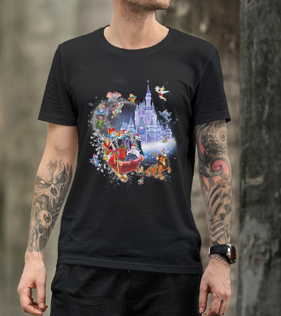Disney Villains Christmas In Front Of Castle With Flying Characters T-Shirt