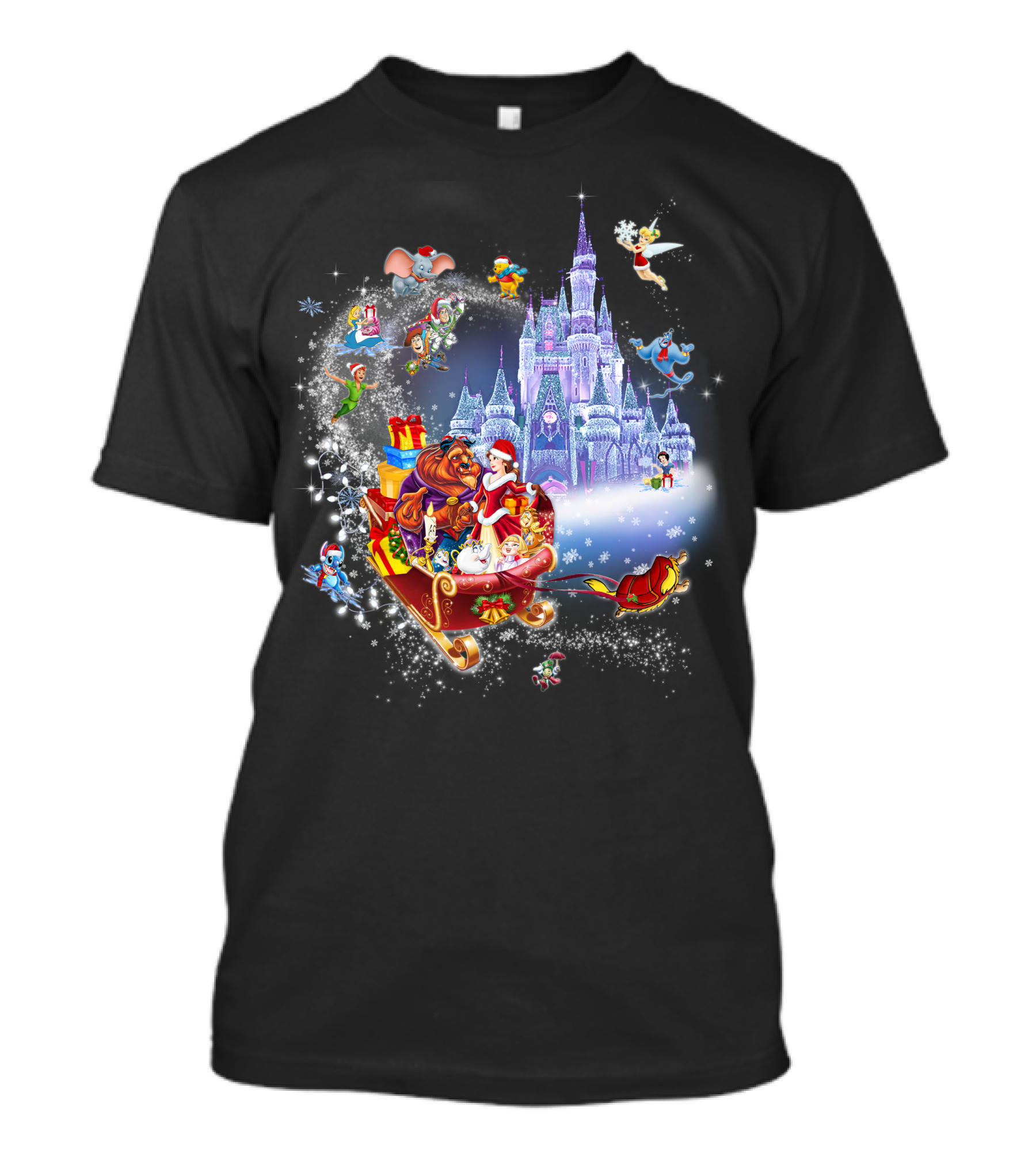 Beauty And The Beast Christmas With Disney Castle And Characters T-Shirt