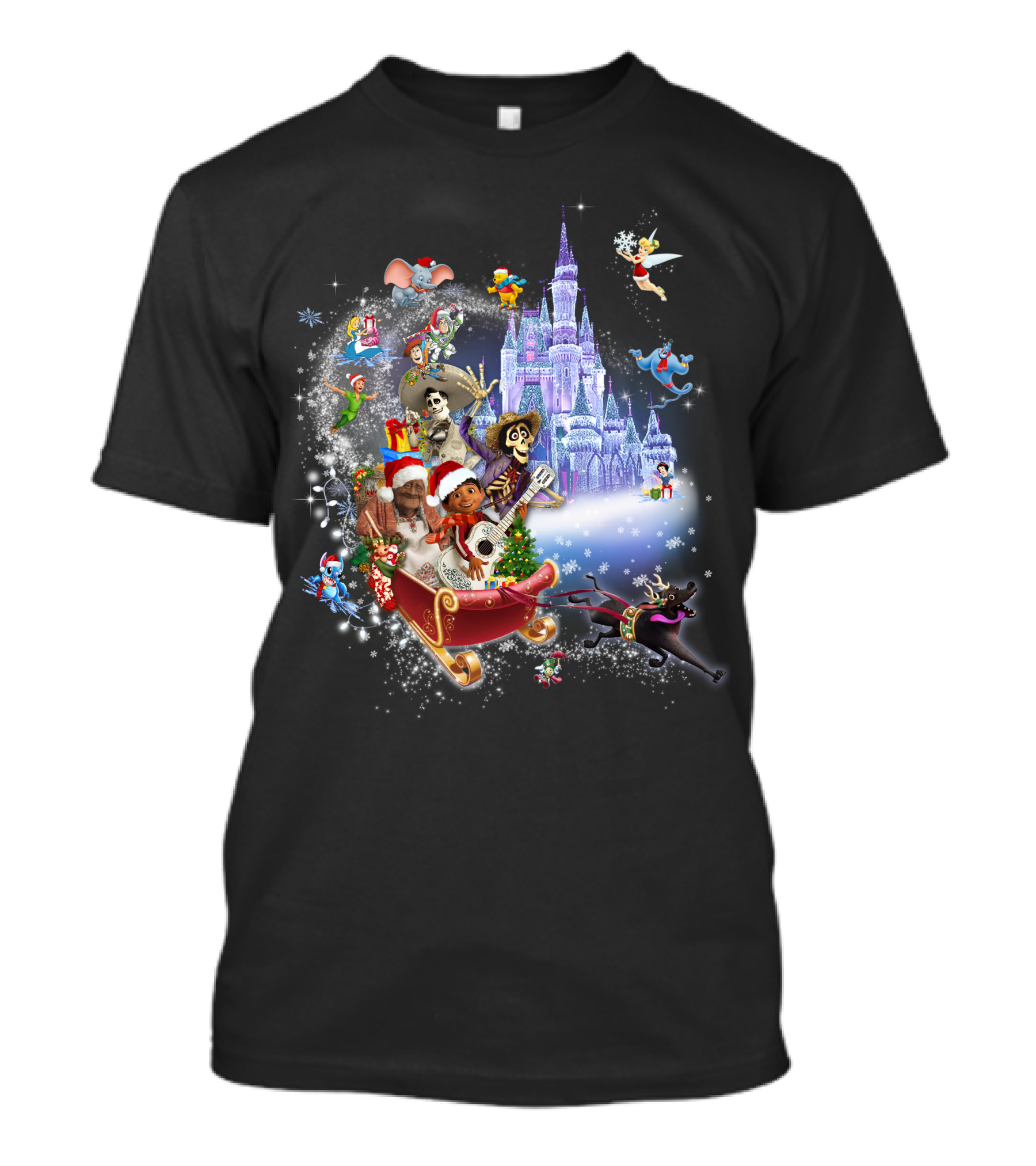 Coco Christmas Magical Disney Characters Castle Snowflakes Sleigh Holiday Fun T-Shirt