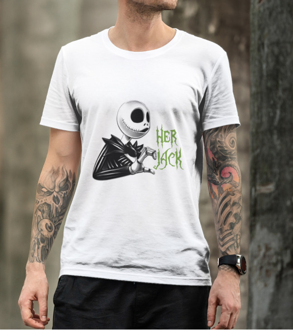 HER JACK SKELETON CHARACTER SKETCH BLACK AND WHITE GREEN LETTERING T-Shirt