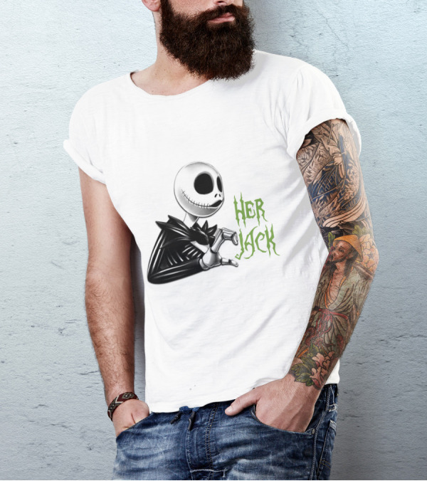 HER JACK SKELETON CHARACTER SKETCH BLACK AND WHITE GREEN LETTERING T-Shirt
