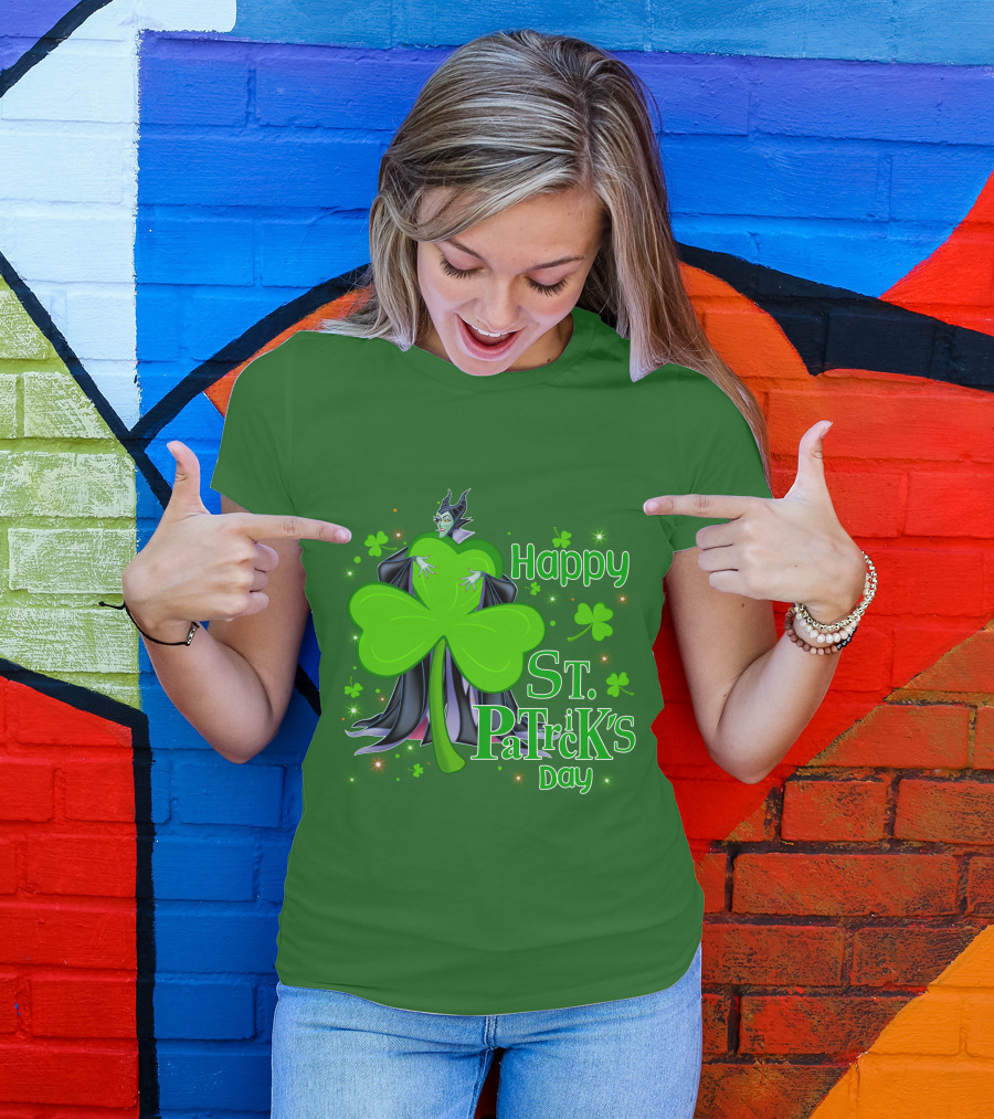 Maleficent Happy St Patrick's Day Shamrock Clover Sparkle T-Shirt