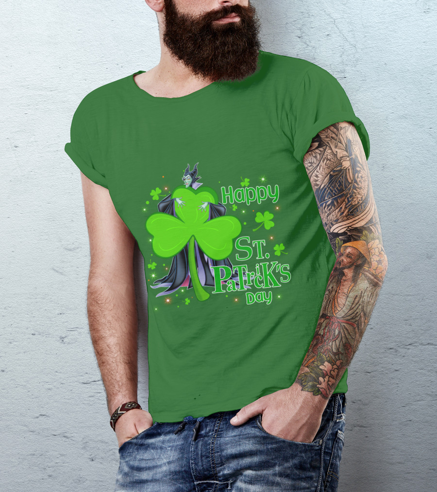Maleficent Happy St Patrick's Day Shamrock Clover Sparkle T-Shirt