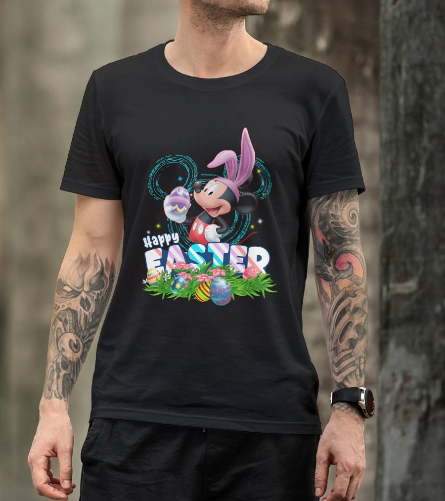MK Happy Easter Mickey Mouse Bunny Ears Holding Colorful Easter Eggs In Grass T-Shirt