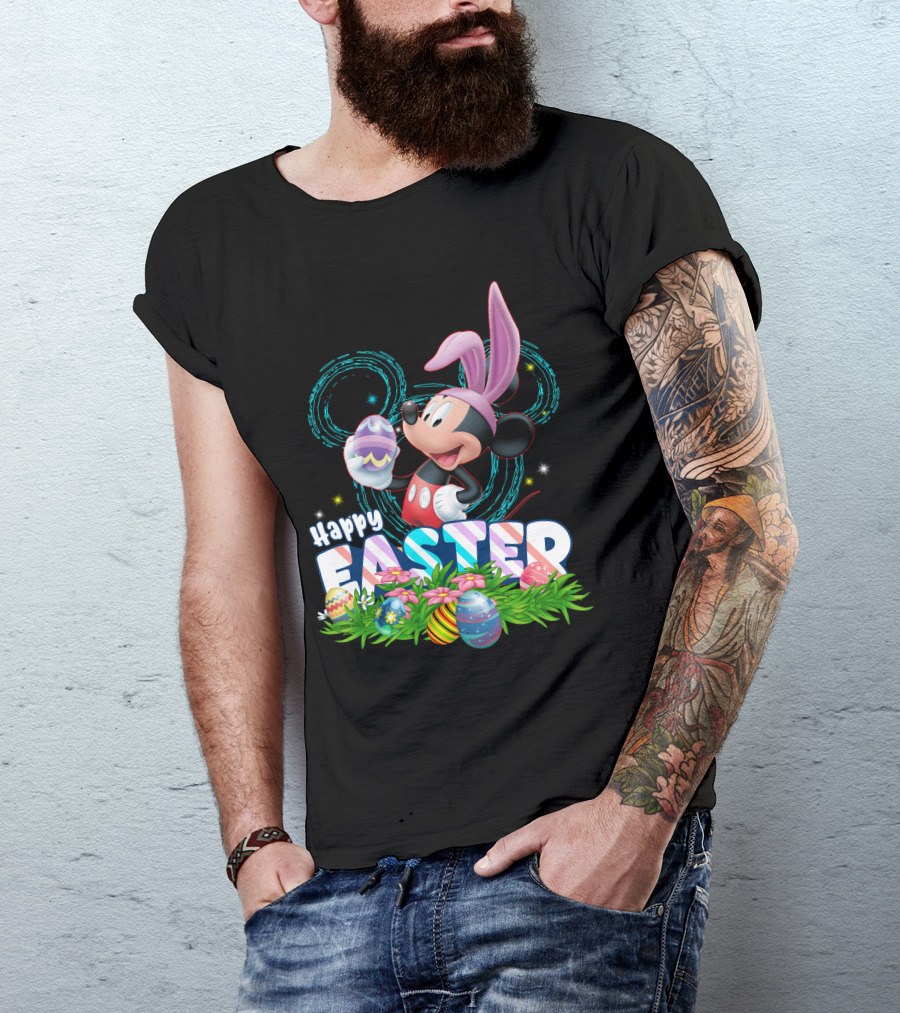 MK Happy Easter Mickey Mouse Bunny Ears Holding Colorful Easter Eggs In Grass T-Shirt