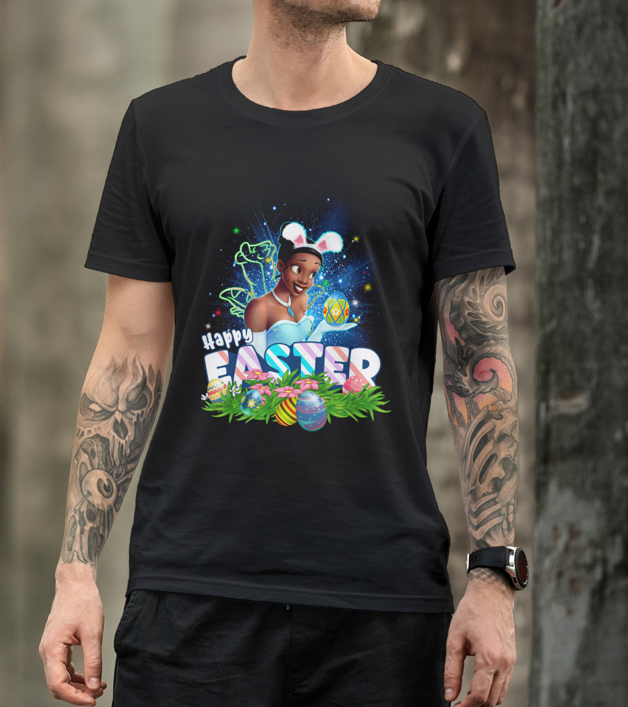 Tiana Happy Easter Bunny Ears Sparkling Eggs And Flowers T-Shirt