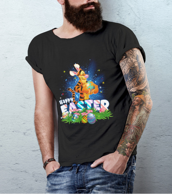 Tigger Happy Easter With Colorful Eggs And Flowers T-Shirt