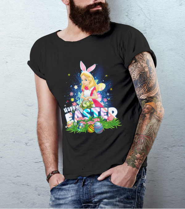 Alice Happy Easter Bunny Ears With Colorful Eggs And Flowers T-Shirt